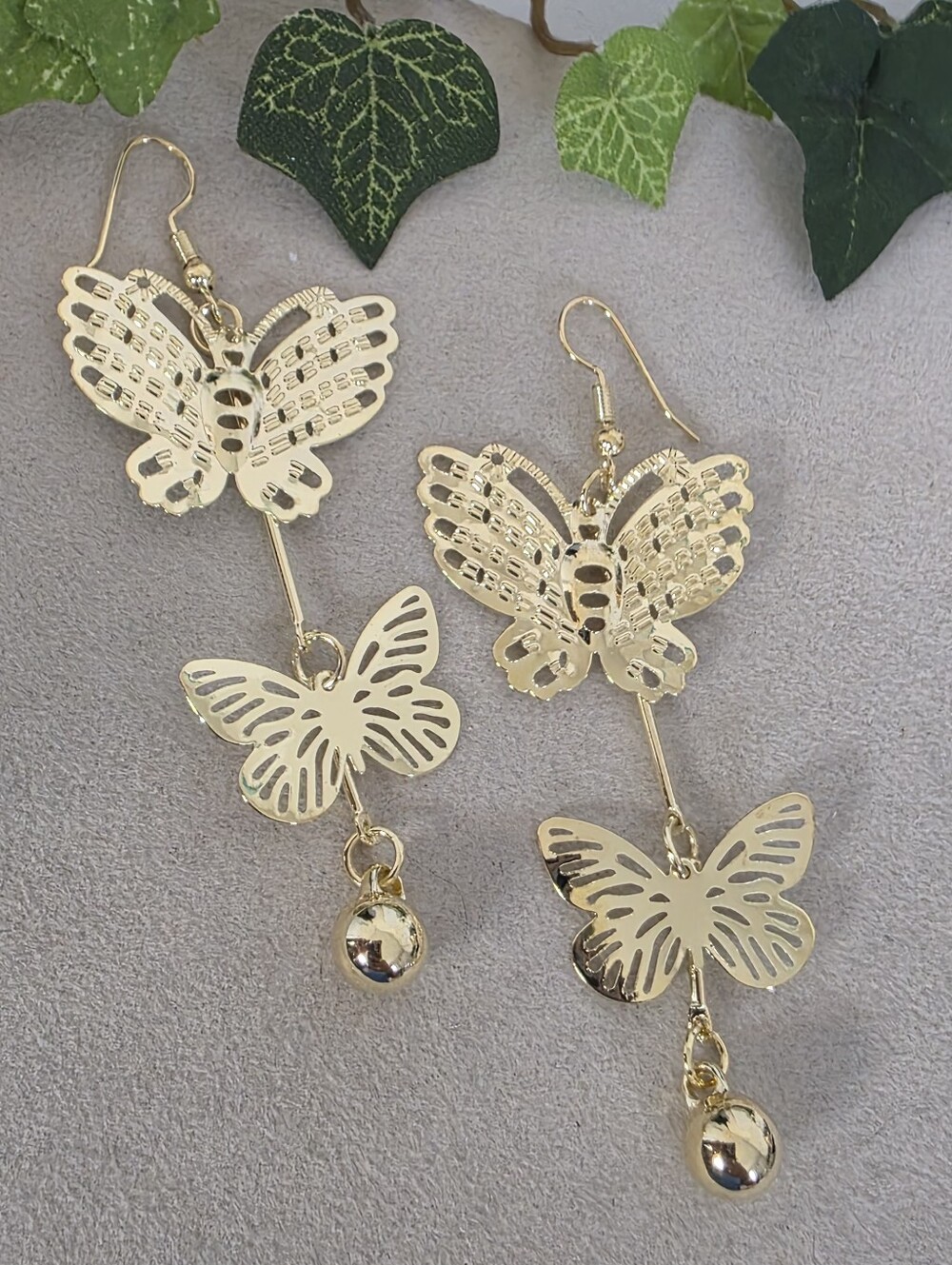 Gold Filled Butterfly Dangle Earrings Tiered Cutout Statement Drop Charm